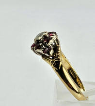 Cargar imagen en el visor de la galería, 1206: Vintage; 18ct Gold Rubies Diamond Cluster Ring- rare design, lovely stones