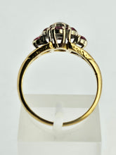 Cargar imagen en el visor de la galería, 1206: Vintage; 18ct Gold Rubies Diamond Cluster Ring- rare design, lovely stones