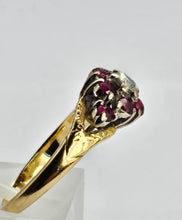 Cargar imagen en el visor de la galería, 1206: Vintage; 18ct Gold Rubies Diamond Cluster Ring- rare design, lovely stones