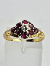 Cargar imagen en el visor de la galería, 1206: Vintage; 18ct Gold Rubies Diamond Cluster Ring- rare design, lovely stones