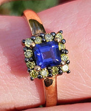Load image into Gallery viewer, 1043: Vintage 9ct Gold Yellow Diamonds Cushion Cut Iolite Dress Ring
