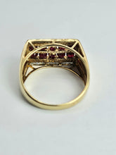 Cargar imagen en el visor de la galería, 1468: Vintage: 9ct Gold 10 Rubies Diamonds Geometric Set Cocktail Ring- Statement weight, gorgeous stones
