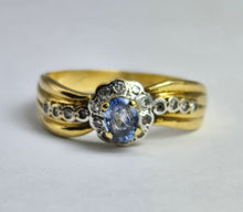 Cargar imagen en el visor de la galería, 1194: Vintage: 18ct Gold Ceylon Blue Sapphire 18 Diamonds Dress Ring- flows beautifully