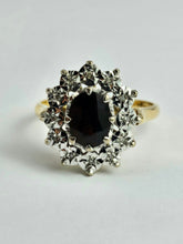 Load image into Gallery viewer, 6350: Vintage: 18ct Gold Rich Red Garnet 12 Diamonds Diana Style Cluster Ring - From 1972
