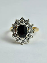 Load image into Gallery viewer, 6350: Vintage: 18ct Gold Rich Red Garnet 12 Diamonds Diana Style Cluster Ring - From 1972
