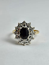 Load image into Gallery viewer, 6350: Vintage: 18ct Gold Rich Red Garnet 12 Diamonds Diana Style Cluster Ring - From 1972