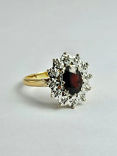 Load image into Gallery viewer, 6350: Vintage: 18ct Gold Rich Red Garnet 12 Diamonds Diana Style Cluster Ring - From 1972