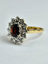 Load image into Gallery viewer, 6350: Vintage: 18ct Gold Rich Red Garnet 12 Diamonds Diana Style Cluster Ring - From 1972