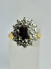 Load image into Gallery viewer, 6350: Vintage: 18ct Gold Rich Red Garnet 12 Diamonds Diana Style Cluster Ring - From 1972