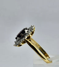 Load image into Gallery viewer, 6350: Vintage: 18ct Gold Rich Red Garnet 12 Diamonds Diana Style Cluster Ring - From 1972