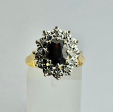Load image into Gallery viewer, 6350: Vintage: 18ct Gold Rich Red Garnet 12 Diamonds Diana Style Cluster Ring - From 1972