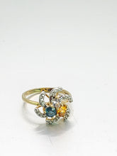 Cargar imagen en el visor de la galería, 1216: Vintage: 9ct Gold Swirl Cocktail Ring- Citrine, Blue & Glacier Topaz