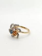 Cargar imagen en el visor de la galería, 1216: Vintage: 9ct Gold Swirl Cocktail Ring- Citrine, Blue & Glacier Topaz