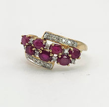 Cargar imagen en el visor de la galería, 1157: Vintage; 9ct Gold Abstract Cluster Rubies Diamonds Ring- striking design
