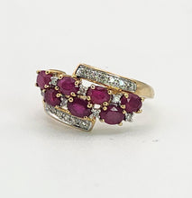 Cargar imagen en el visor de la galería, 1157: Vintage; 9ct Gold Abstract Cluster Rubies Diamonds Ring- striking design
