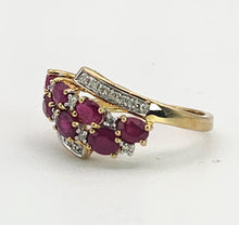 Cargar imagen en el visor de la galería, 1157: Vintage; 9ct Gold Abstract Cluster Rubies Diamonds Ring- striking design