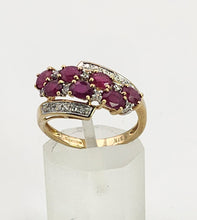 Cargar imagen en el visor de la galería, 1157: Vintage; 9ct Gold Abstract Cluster Rubies Diamonds Ring- striking design