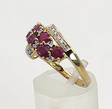 Cargar imagen en el visor de la galería, 1157: Vintage; 9ct Gold Abstract Cluster Rubies Diamonds Ring- striking design