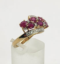Cargar imagen en el visor de la galería, 1157: Vintage; 9ct Gold Abstract Cluster Rubies Diamonds Ring- striking design