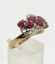 Cargar imagen en el visor de la galería, 1157: Vintage; 9ct Gold Abstract Cluster Rubies Diamonds Ring- striking design