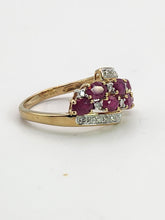 Cargar imagen en el visor de la galería, 1157: Vintage; 9ct Gold Abstract Cluster Rubies Diamonds Ring- striking design