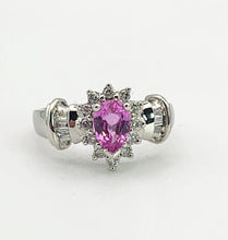 Cargar imagen en el visor de la galería, 1181: Vintage: 14ct White Gold Pink Sapphires 18 Diamonds Cocktail Ring- UPDATED