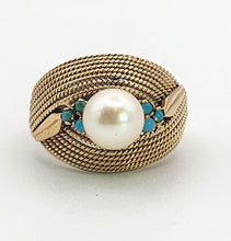 Load image into Gallery viewer, 1396: 9ct Woven Gold Cultured Pearl Turquoises Statement Ring
