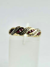Cargar imagen en el visor de la galería, 1165: Vintage: 9ct Gold Rubies Diamonds Dress/Stacker Ring - sparkling symmetry