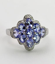 Cargar imagen en el visor de la galería, 1390: Vintage: 14ct White Gold Tanzanites 20 Diamonds Geometric Set Ring- sparkling combination