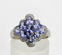 Cargar imagen en el visor de la galería, 1390: Vintage: 14ct White Gold Tanzanites 20 Diamonds Geometric Set Ring- sparkling combination