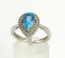 Load image into Gallery viewer, 6023:Vintage: 9ct White Gold Pear Cut Vivid Blue Topaz 20 Diamonds Cocktail Ring-superb
