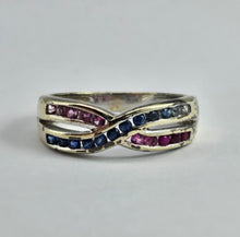 Cargar imagen en el visor de la galería, 1429: Vintage: 9ct White Gold Rubies Sapphires Crossover Ring- crisp, colourful, eye candy