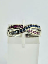Cargar imagen en el visor de la galería, 1429: Vintage: 9ct White Gold Rubies Sapphires Crossover Ring- crisp, colourful, eye candy