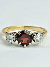 Load image into Gallery viewer, 6360 Vintage: 18ct Gold Almandine Garnet Diamonds 3-Stone Straight Ring