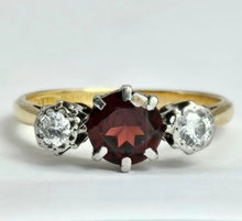 Load image into Gallery viewer, 6360 Vintage: 18ct Gold Almandine Garnet Diamonds 3-Stone Straight Ring