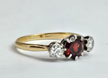 Load image into Gallery viewer, 6360 Vintage: 18ct Gold Almandine Garnet Diamonds 3-Stone Straight Ring
