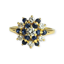 Load image into Gallery viewer, 6271 Vintage: 18ct Gold French Blue Sapphires Diamonds Flower Head Cluster