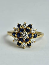 Load image into Gallery viewer, 6271 Vintage: 18ct Gold French Blue Sapphires Diamonds Flower Head Cluster