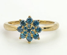 Load image into Gallery viewer, 6348 Vintage; Rare 9ct Gold Blue Diamonds Flower Head Ring- 15 natural, sparkling diamonds