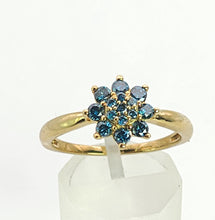 Load image into Gallery viewer, 6348 Vintage; Rare 9ct Gold Blue Diamonds Flower Head Ring- 15 natural, sparkling diamonds