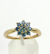 Load image into Gallery viewer, 6348 Vintage; Rare 9ct Gold Blue Diamonds Flower Head Ring- 15 natural, sparkling diamonds