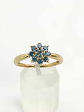 Load image into Gallery viewer, 6348 Vintage; Rare 9ct Gold Blue Diamonds Flower Head Ring- 15 natural, sparkling diamonds