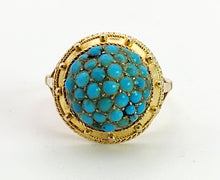 Load image into Gallery viewer, 6154: Vintage: 18ct Gold Turquoises Domed Cluster Cocktail  Ring- lovely symmetry