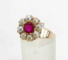 Load image into Gallery viewer, 1447: Antique: 15ct Gold Ruby Pearls Flower Head Ring- Over 100 years old