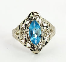 Cargar imagen en el visor de la galería, 1556: Vintage: 14ct White Gold Marquise Cut Blue Topaz Openwork Dress Ring