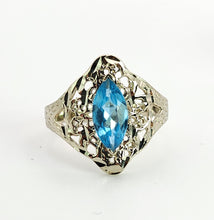 Cargar imagen en el visor de la galería, 1556: Vintage: 14ct White Gold Marquise Cut Blue Topaz Openwork Dress Ring