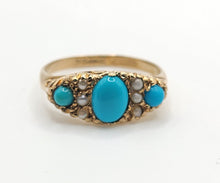 Cargar imagen en el visor de la galería, 1589: Vintage- 1970's 9ct Gold Turquoise Seed Pearls Dress Ring- From 1976