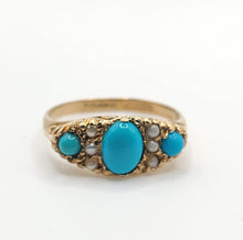 Cargar imagen en el visor de la galería, 1589: Vintage- 1970's 9ct Gold Turquoise Seed Pearls Dress Ring- From 1976