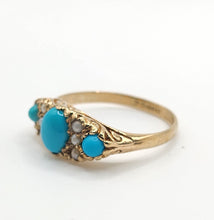 Cargar imagen en el visor de la galería, 1589: Vintage- 1970's 9ct Gold Turquoise Seed Pearls Dress Ring- From 1976