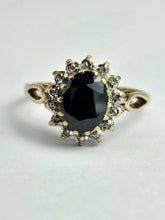 Load image into Gallery viewer, 1744: Vintage: 9ct Gold Blue Sapphire 14 Diamonds Diana Cluster Ring- From 1982